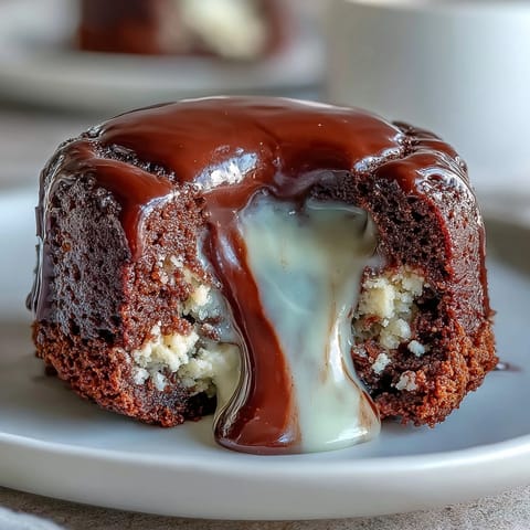 Hojicha Lava Cake topped with powdered sugar, revealing molten roasted tea ganache on a white plate.