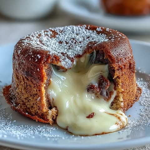 A perfectly baked Hojicha White Chocolate Lava Cake with a molten white chocolate center on a white plate.