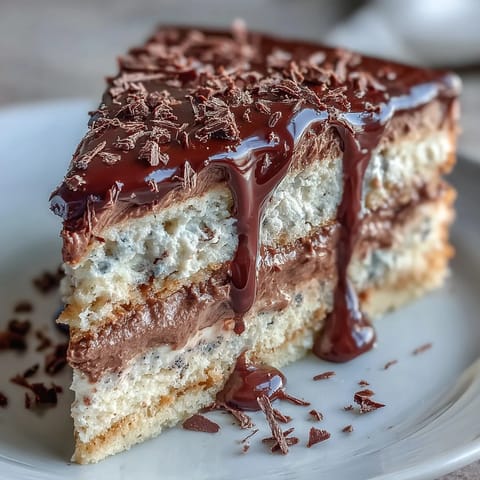 Slice of Japanese-inspired Hojicha Butter Cream Cake with layered sponge and chocolate ganache drips.