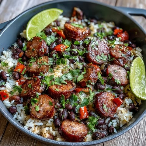 A hearty one-pan Black Beans, Sausage, and Rice Skillet features smoky sausage crumbles, black beans, and peppers garnished with cilantro and lime wedges.