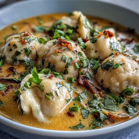 Tender vegan dumplings swim in creamy coconut curry broth with aromatic vegetables, perfect for a cozy meal.