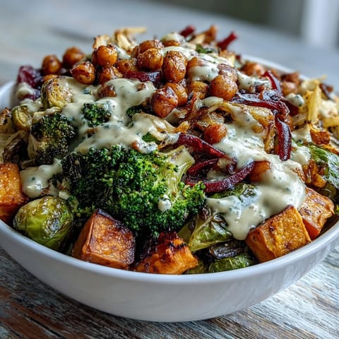 A close-up of the plant-based Roasted Veggie & Chickpea Bowls shows the caramelized edges on the vegetables and the glistening dressing.  