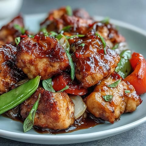 A skillet of sizzling Spicy Sweet Chicken Diablo coated in glossy, spicy-sweet sauce with vibrant stir-fried vegetables.