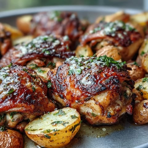 Golden, crispy-skinned ranch chicken thighs rest beside tender roasted potatoes and carrots on a sheet pan.