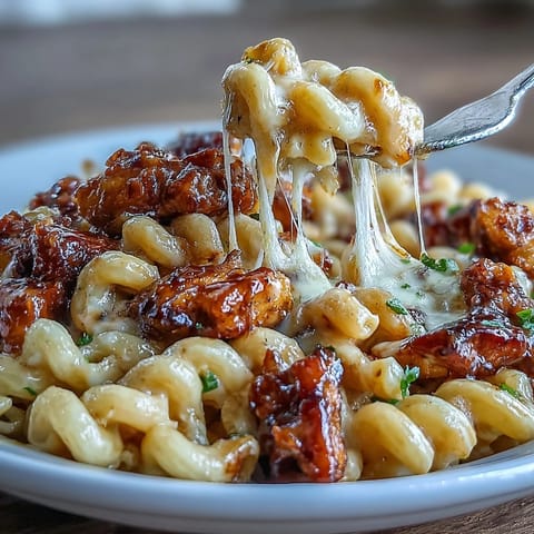 Golden-brown sticky honey BBQ chicken bites glazed in a sweet, smoky sauce and creamy cheddar macaroni in a hot cast iron skillet. 