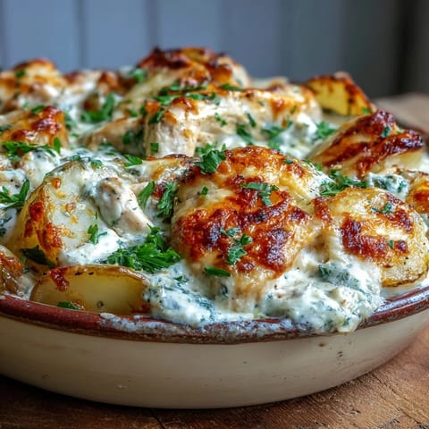 Golden, bubbly cheddar tops this Creamy Ranch Chicken Potato Bake, featuring tender chicken and sliced potatoes in a rich, white ranch sauce.