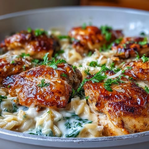 One-Pot Creamy Garlic Parmesan Chicken Orzo served in a bowl, paired with a crisp salad and white wine.