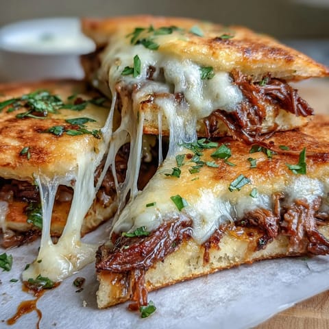 Shredded slow cooker beef, onions, and melty provolone on warm garlic naan for a French dip-style melt.