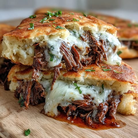 Slow-cooked shredded beef pot roast melted with mozzarella and provolone inside warm garlic naan, served with rich au jus for dipping.