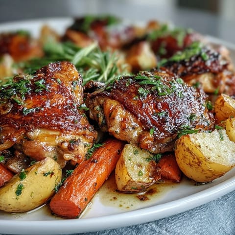 Golden brown ranch chicken thighs and tender roasted vegetables piled high on a white sheet pan, garnished with fresh parsley.