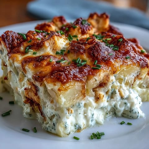 The Creamy Ranch Chicken Potato Bake shows layers of tender potatoes and chicken in a rich, ranch-seasoned sauce.