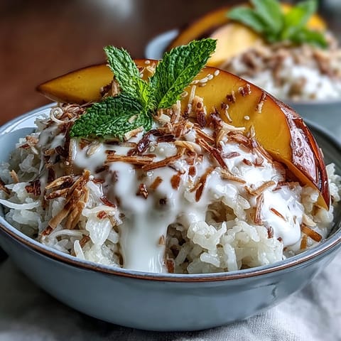 A vibrant breakfast bowl with sweet coconut sticky rice, juicy fresh mango, and a creamy coconut cream drizzle.  