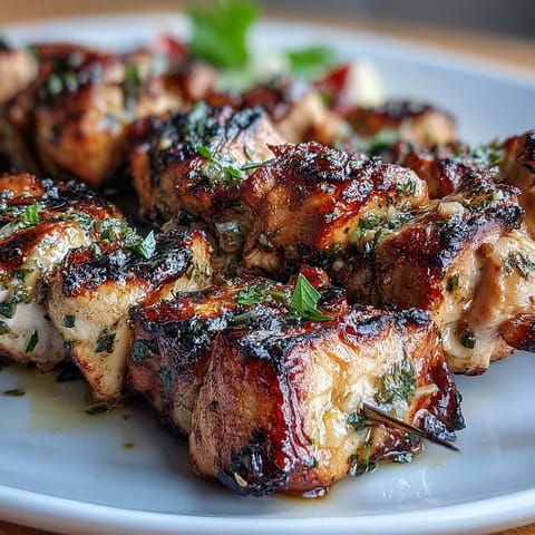 Grilled lemon herb chicken skewers with juicy marinated pieces and fresh tzatziki sauce for a healthy Mediterranean meal.
