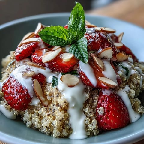 A vibrant bowl of strawberry basil quinoa topped with fresh berries, fragrant basil, and a drizzle of vegan honey.  