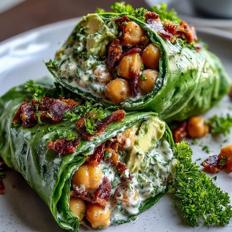 Fresh avocado chickpea salad with crunchy lettuce wraps, bursting with vibrant veggies and zesty lemon dressing.  