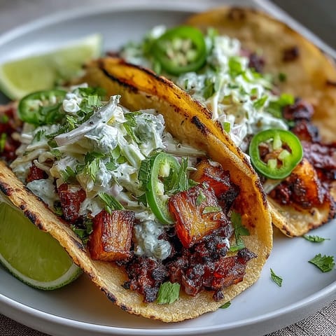 Colorful pineapple black bean tacos topped with zesty coconut lime slaw, fresh cilantro, and jalapeño—perfect for a refreshing vegan meal.