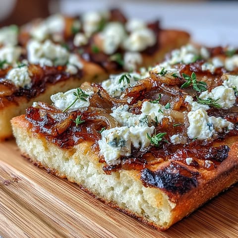 Crispy flatbread with sweet caramelized onions, creamy goat cheese, and fresh thyme for a savory vegetarian appetizer.