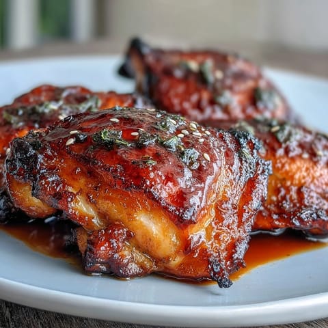 Oven-baked chicken glazed with chili jam, honey, and soy sauce, creating a caramelized, flavorful crust that's irresistibly savory and spicy.  
