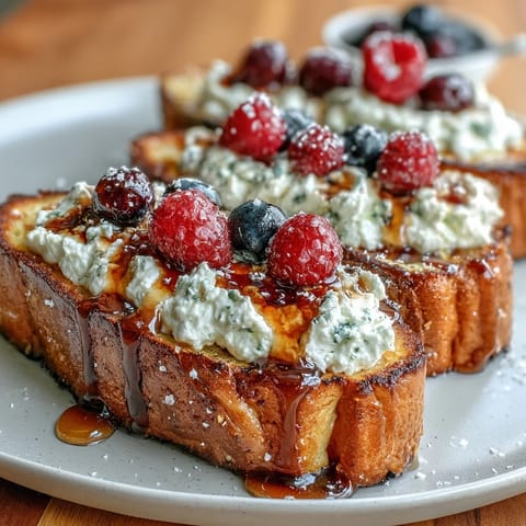 Whipped ricotta and salted honey drizzled over crispy sourdough toast, topped with fresh berries and mint for a vibrant breakfast.