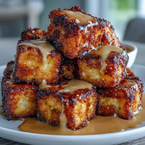 Crispy air fryer tofu cubes with creamy peanut sauce, garnished with chopped peanuts and fresh cilantro. A delicious vegan appetizer or main dish.