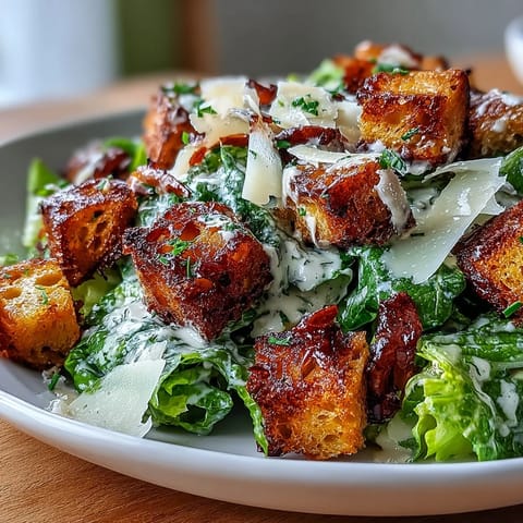A vibrant Caesar salad topped with homemade sourdough croutons, crisp lettuce, and shaved Parmesan cheese.  