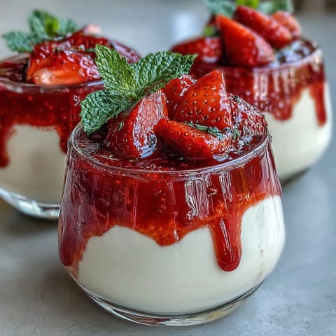 Silky vanilla panna cotta topped with vibrant strawberry sauce, perfect for a romantic Valentine's Day dessert.