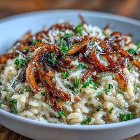 Rich vegetarian risotto with golden caramelized onions, sautéed mushrooms, and creamy Arborio rice, served hot.  