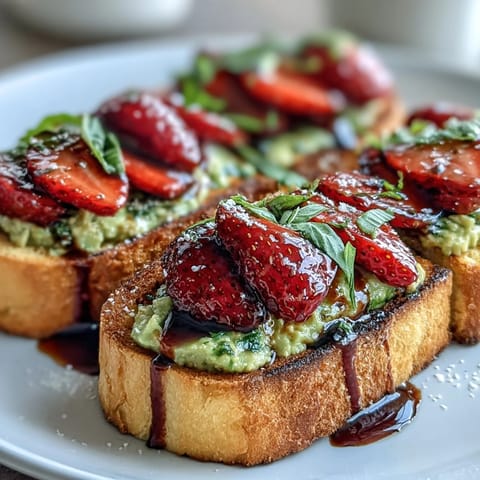 A vibrant avocado toast with creamy mashed avocado, fresh strawberries, and a tangy balsamic glaze—ideal for a Galentine's brunch gathering.