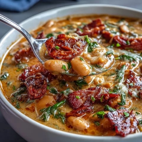 A steaming bowl of ham and cannellini bean stew, brimming with tender ham, creamy beans, and aromatic vegetables in a savory broth.
