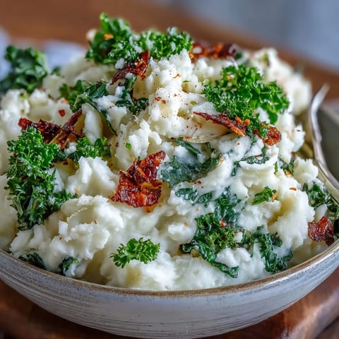 A creamy bowl of Irish colcannon mashed potatoes with sautéed leeks and crispy kale, a comforting vegetarian side dish.