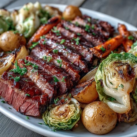 Corned beef and cabbage sheet pan dinner with tender potatoes and carrots, roasted to perfection for a hearty Irish-American meal.  