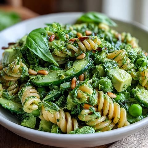 A vibrant Spring Green Goddess Pasta Salad with peas and herbs, tossed in creamy green dressing and garnished with pine nuts.  