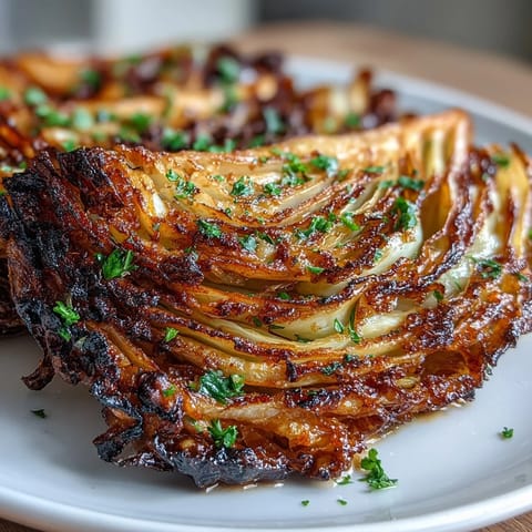 Crispy air fryer cabbage steaks drizzled with rich garlic butter and fresh parsley.  