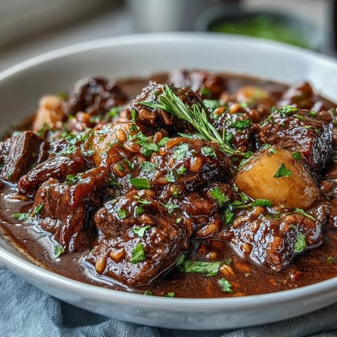 Rich Guinness beef stew with tender chuck and hearty barley, simmered with root vegetables for a comforting Irish meal.