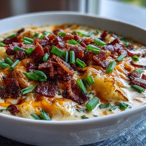 Creamy St. Patricks Day loaded baked potato soup in a bowl topped with crispy bacon and green onions.