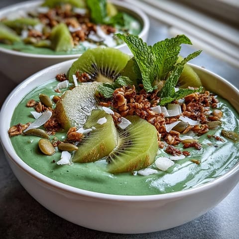 Shamrock Green Smoothie Bowl with Kiwi and Spinach, topped with fresh kiwi slices, banana, and crunchy granola for a nutritious breakfast.