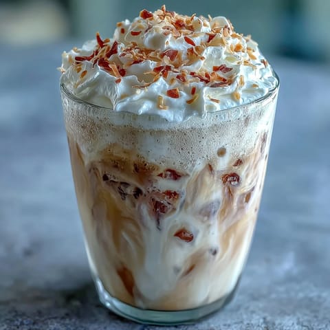 Creamy Vanilla Bean Coconut Frappuccino Mocktail with whipped coconut cream and toasted coconut flakes in tall glasses.  