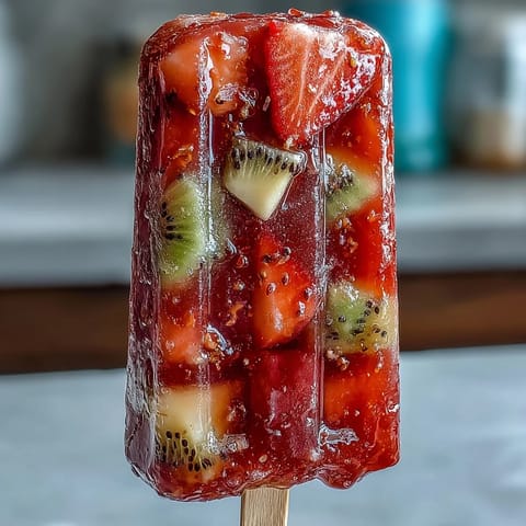 Strawberry daiquiri popsicles with fresh fruit chunks, featuring ripe strawberries, rum, and vibrant tropical fruit pieces for a boozy summer treat.