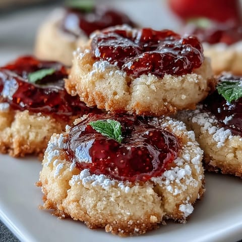 Buttery shortbread cookies with sweet strawberry jam centers, perfect for summer picnics and outdoor gatherings.