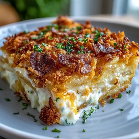 Cheesy funeral potatoes baked with crispy cornflake and cheddar crust, golden and bubbling for a comforting side dish.