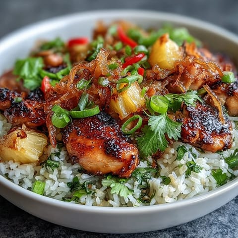 Coconut Pineapple Chicken Rice Bowls with tender chicken, sweet pineapple, and coconut-infused rice, garnished with fresh cilantro and lime wedges.