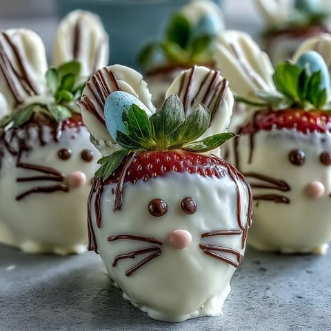 Sweet strawberries transformed into adorable chocolate-covered bunny treats with decorative ears, eyes, and pink accents for spring celebrations.