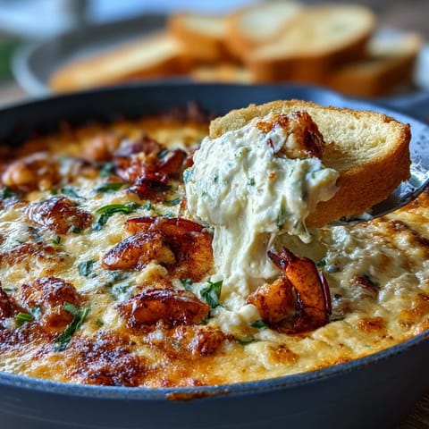 Southern-style crawfish boil dip topped with green onions, served with toasted baguette slices for dipping.  