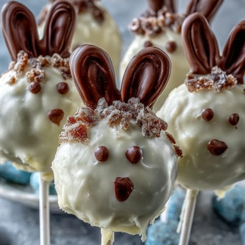 Cute Easter bunny cake pops with creamy white chocolate coating and colorful candy details, perfect for festive spring celebrations.  