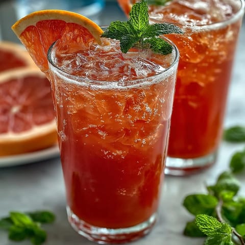 Sparkling Spring Citrus Mocktail with Grapefruit and Lime, garnished with fresh mint and citrus wheels, served over crushed ice for a refreshing drink.