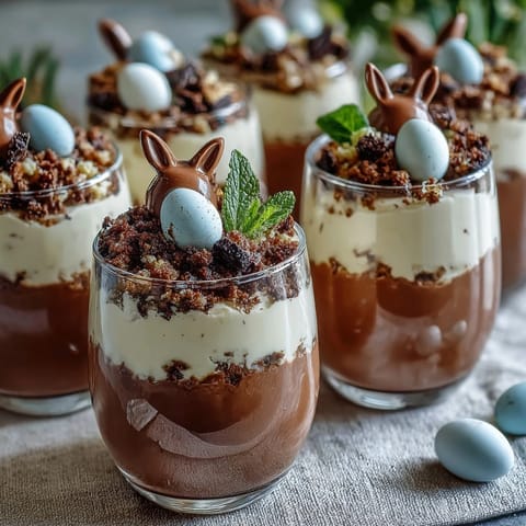 Easter Bunny Dirt Cups with Chocolate Pudding and Oreos - a playful, no-bake treat with layers of rich pudding, crushed cookies, and festive bunny decorations.  