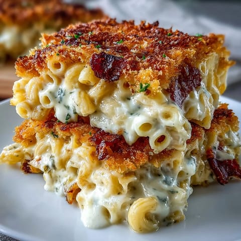 Southern soul food oven-baked mac and cheese in a cast-iron skillet, bubbling with creamy cheddar and a golden, crispy breadcrumb topping.