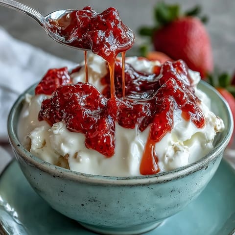Creamy Greek yogurt topped with vibrant strawberry compote, a sweet-tart fruit sauce perfect for breakfast or dessert.  