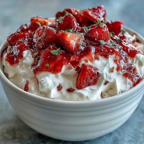 A bowl of thick Greek yogurt layered with warm, juicy strawberry compote and a drizzle of honey for added sweetness.  