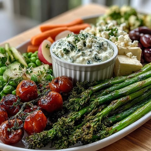 Vibrant spring vegetable board with radishes, peas, and creamy herb dip, perfect for a fresh appetizer.